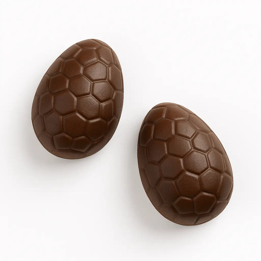 Two chocolate Easter eggs with a honeycomb pattern on a white background, displaying real output of the easter-egg themed chocolate mold.