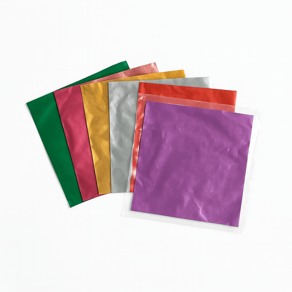 A set of colorful metallic chocolate wrappers on a white background