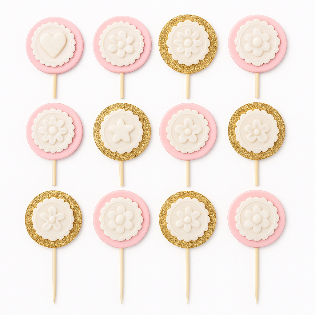 Decorative lollipop on sticks with pink and gold accents on a white background