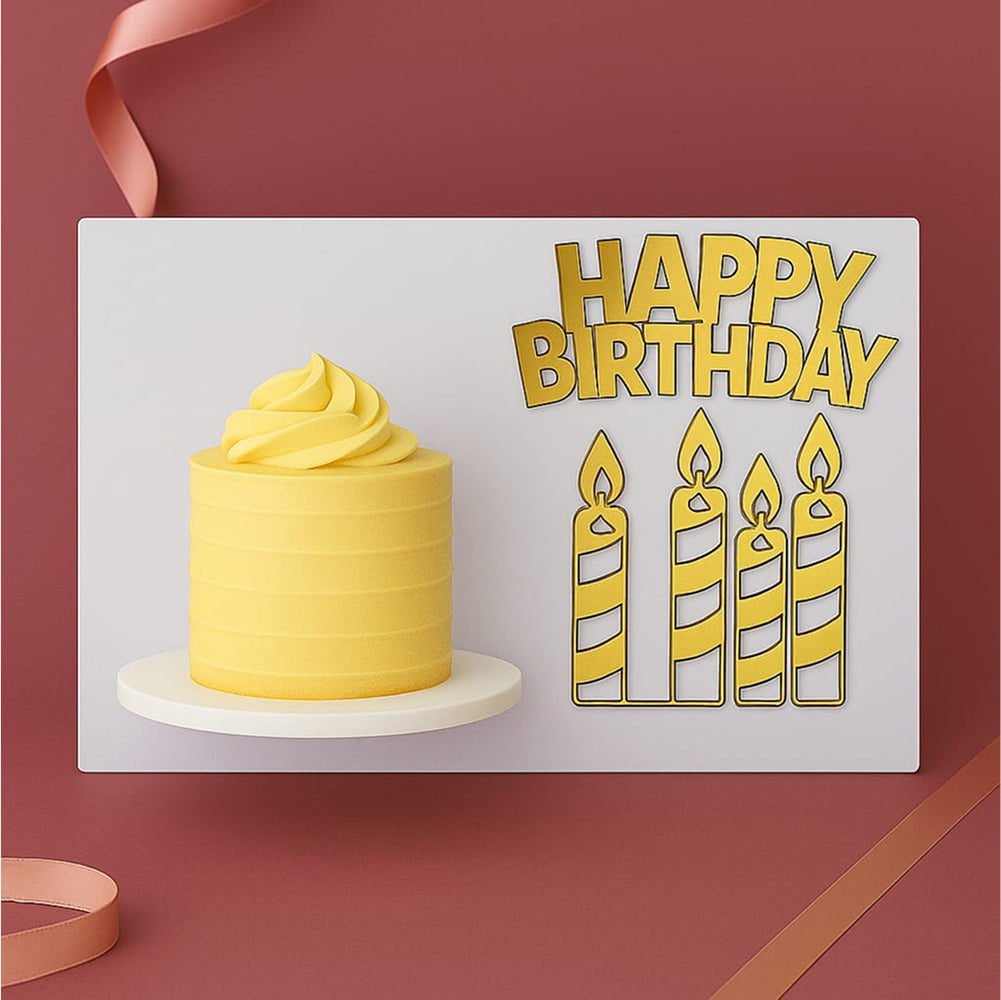 Gravity Defying Cake Stand holding real cake on party-themed background