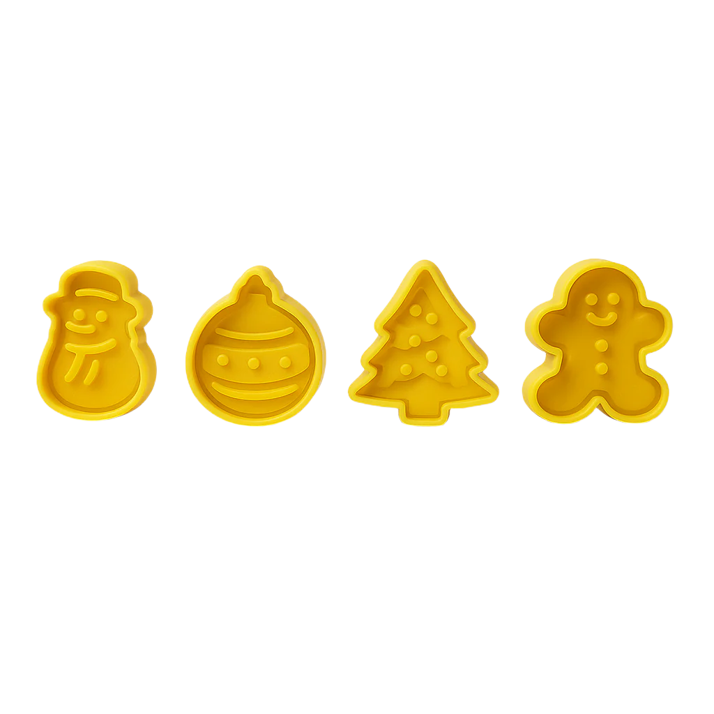 Four yellow cookie & Fondant cutters shaped like a snowman, bee, tree, and gingerbread man on a white background.