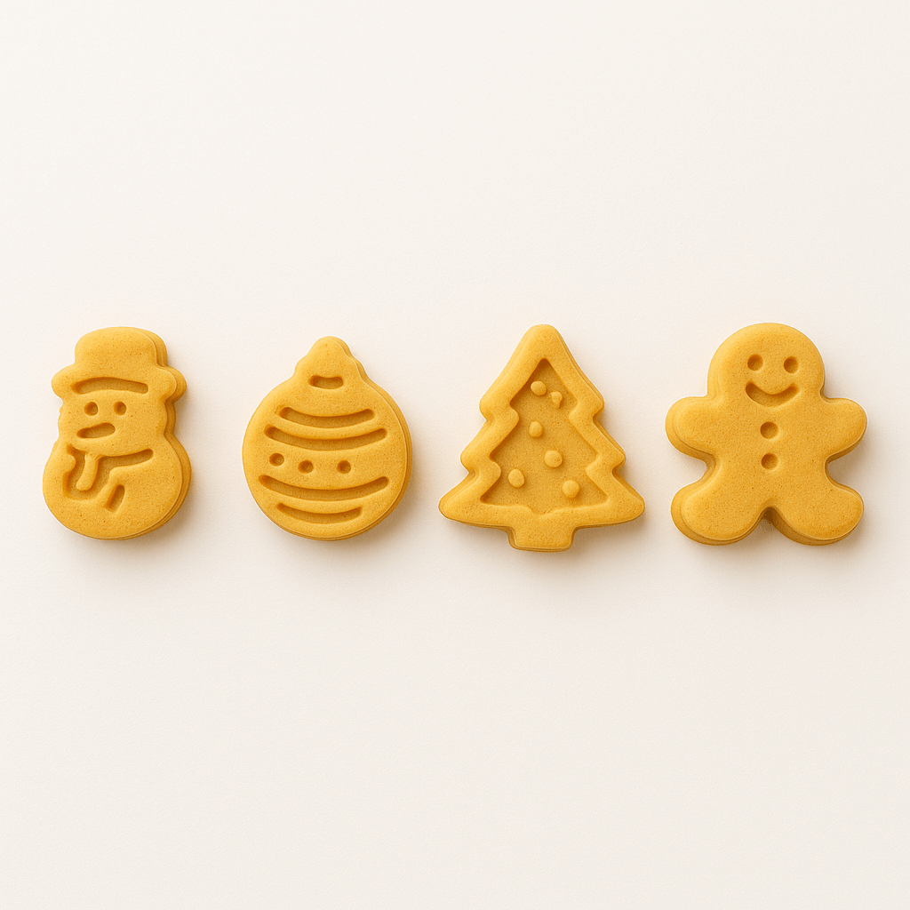 Four yellow cookies shaped like a snowman, Christmas tree, ornament, and gingerbread man on a white background.