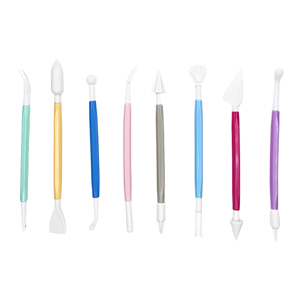 Cake Sculpting Tools 8 Pcs Double-Ended Fondant Modeling Set on a white background for clear view.