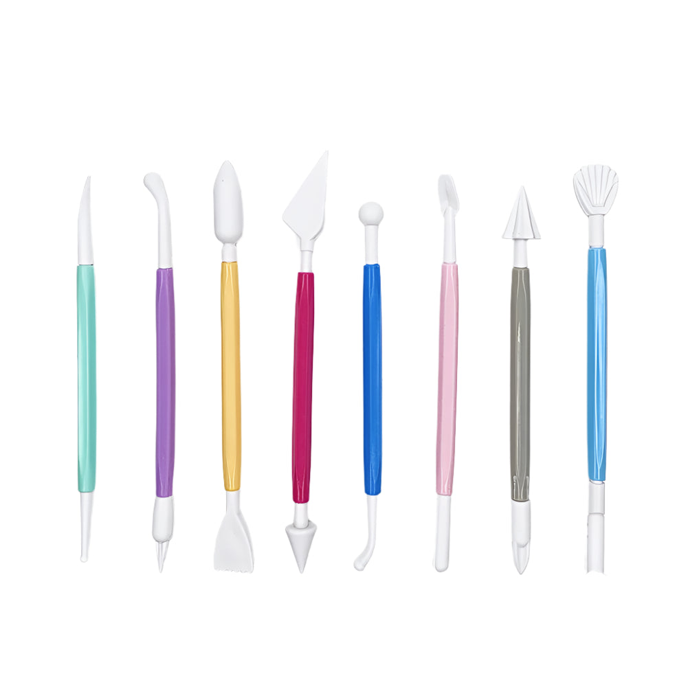 Cake Sculpting Tools 8 Pcs Double-Ended Fondant Modeling Set on a white background for clear view.