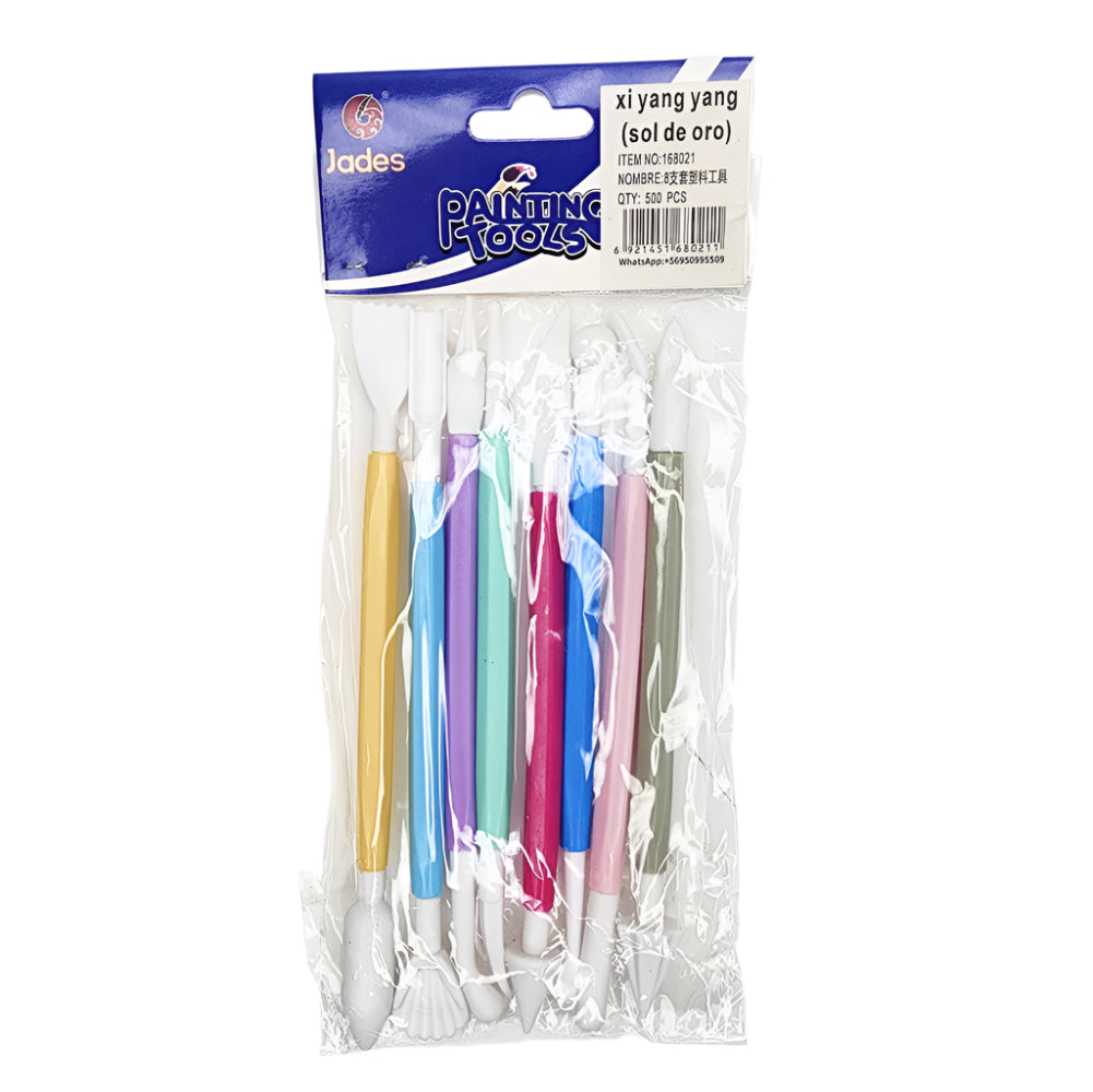 Cake Sculpting Tools 8 Pcs Double-Ended Fondant Modeling Set in its packet on a white background.