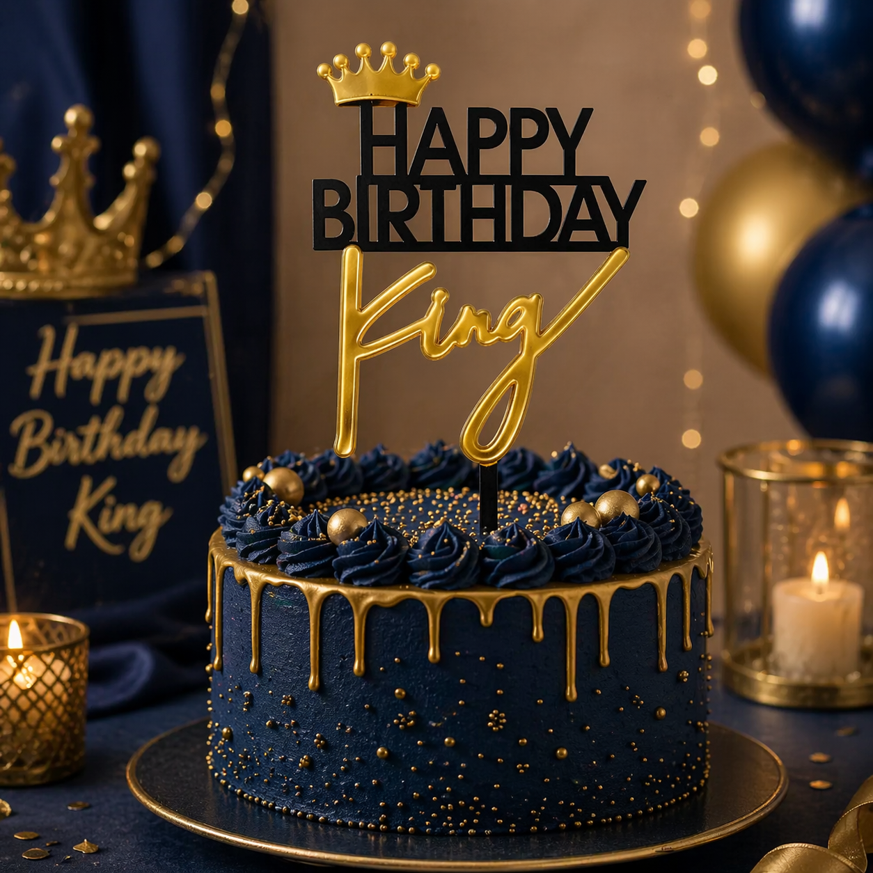 Navy blue birthday cake with gold accents and 'Happy Birthday King' topper on a decorative table.