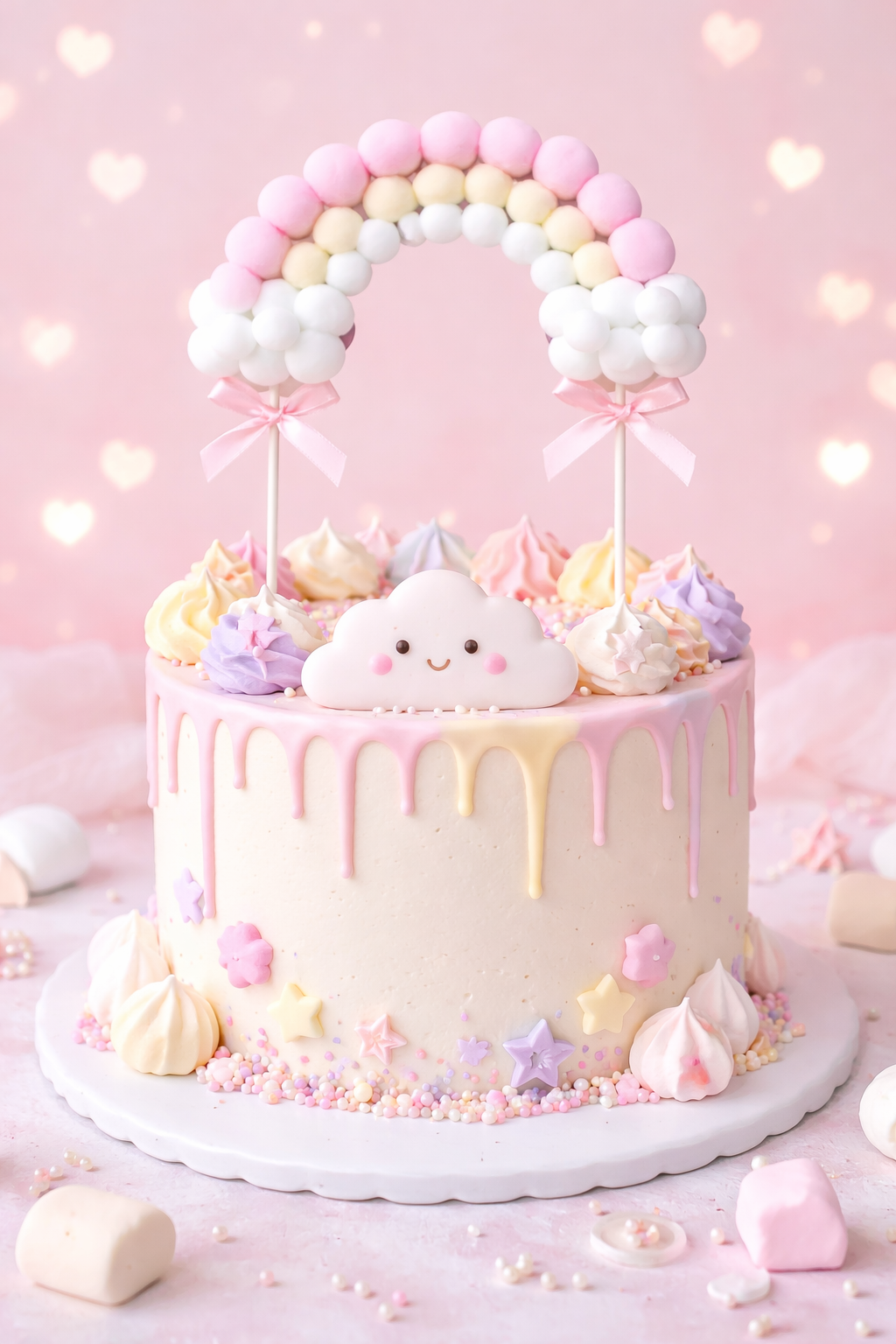 Multicolor Pom Pom Rainbow Cake Topper Set – Pastel Cloud Arch Party Decoration | TPR236