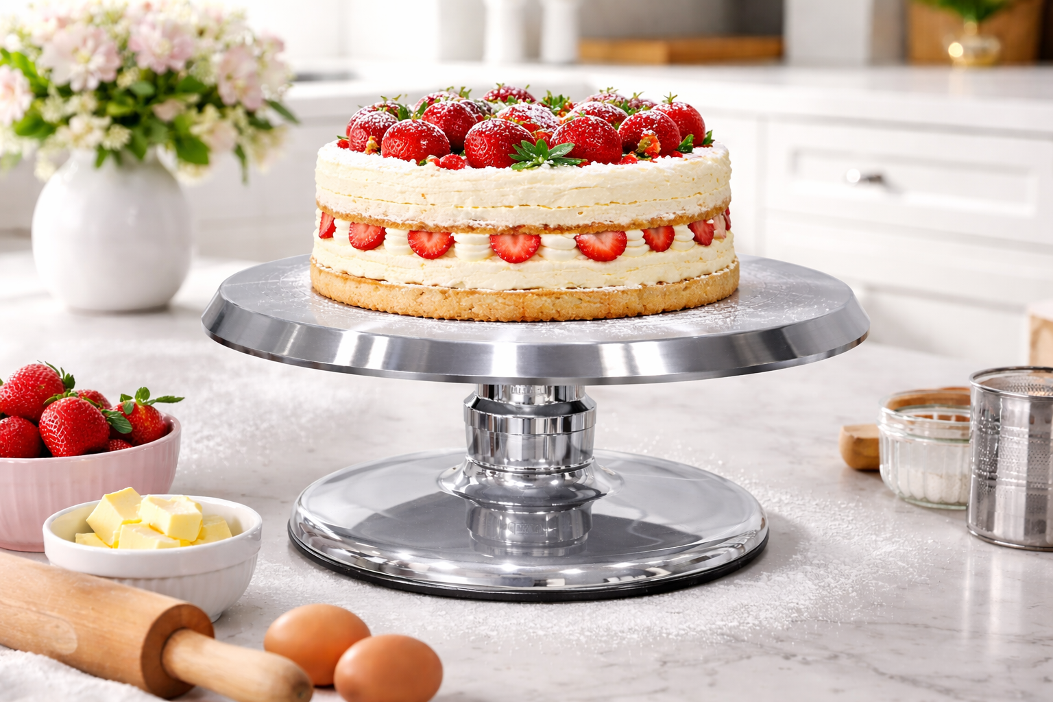 (SWAF-12) 3 Piece Shiny Silver Cake Turntable – Stainless Steel Top with Detachable Fibre Base | CS015