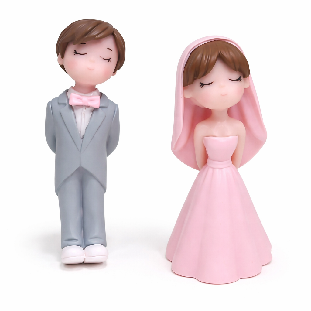 Cute Wedding Couple Cake Topper Figurines – Pink Bride & Grey Groom Set | MTRC518B