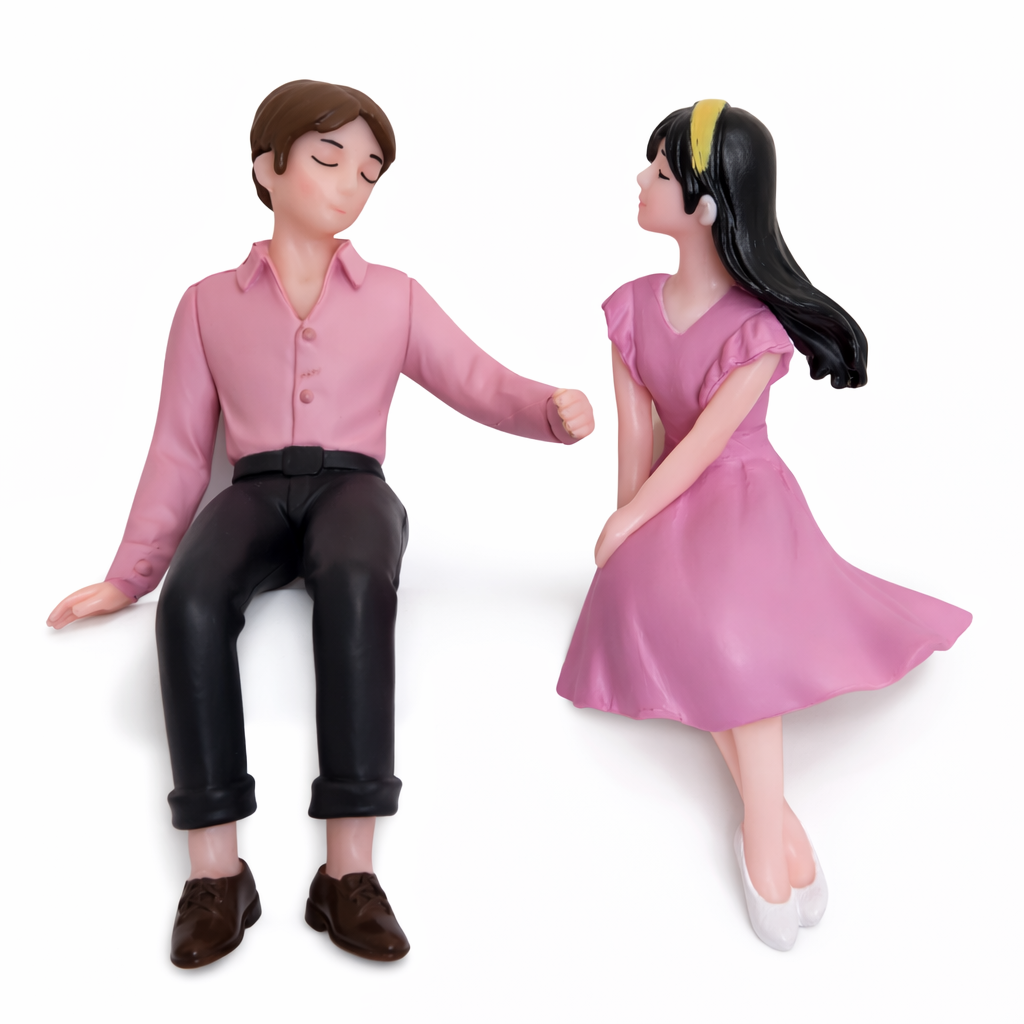 Romantic Sitting Couple Cake Topper Figurines – Pink Dress Boy & Girl Set | MTRC571C