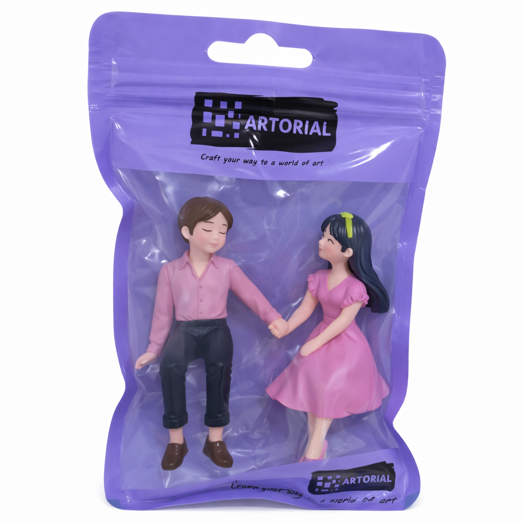 Romantic Sitting Couple Cake Topper Figurines – Pink Dress Boy & Girl Set | MTRC571C