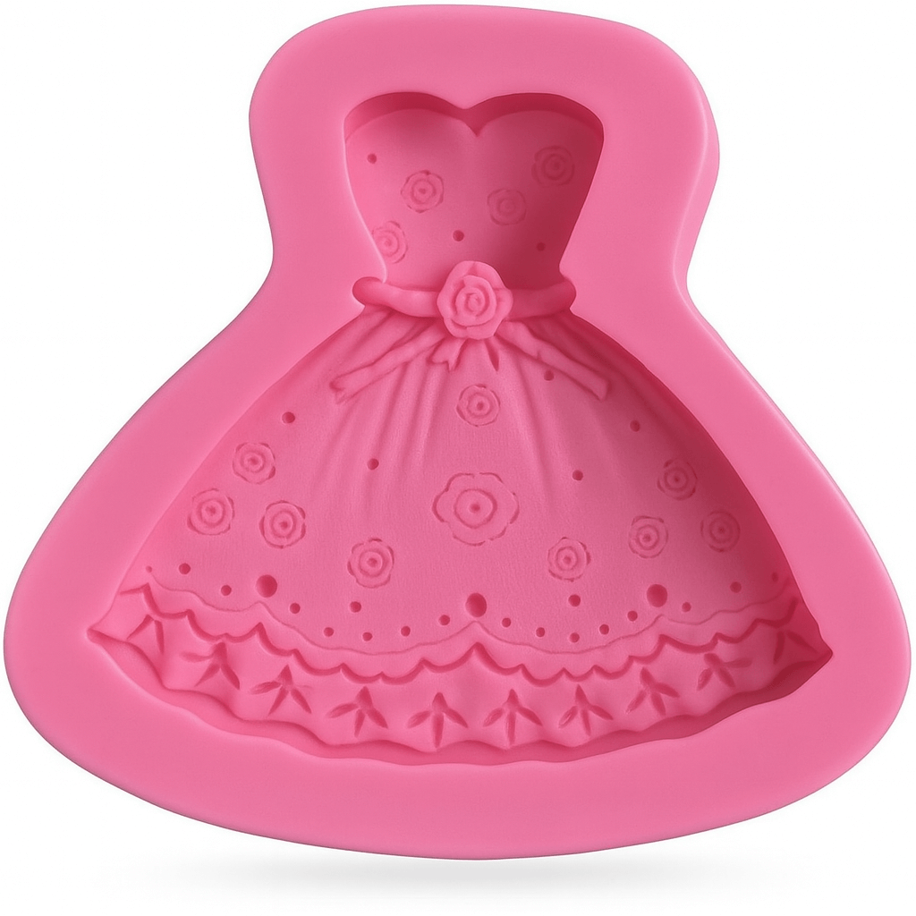 Pink silicone fondant mold shaped like a dress and frock on a white background