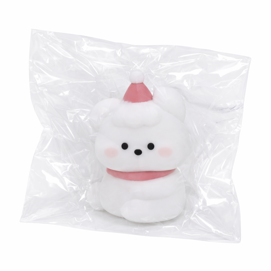 wite toy with pink accents in a transparent bag on a white background