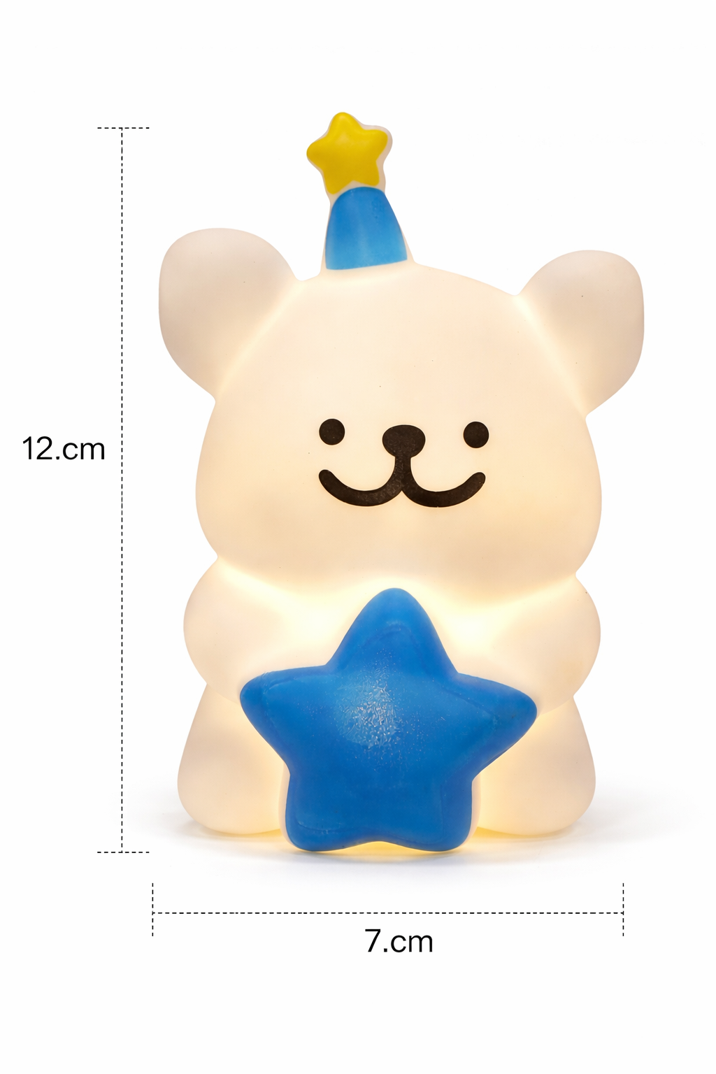 Cute Bear LED Cake Topper Two Mode Golden & White Light – Dual Mode Warm Glow and measurements on a white background