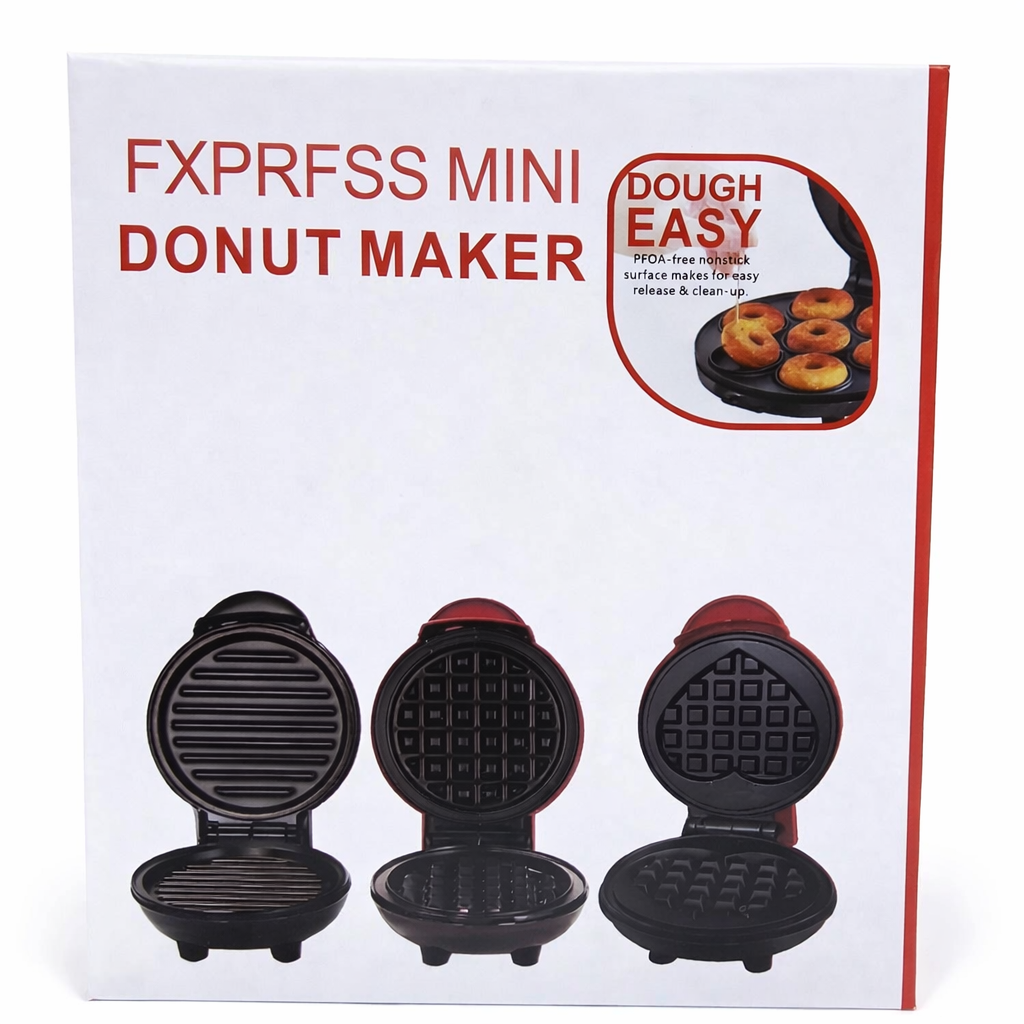 FXPRFSS Mini Donut Maker packaging with three different donut shapes on a white background