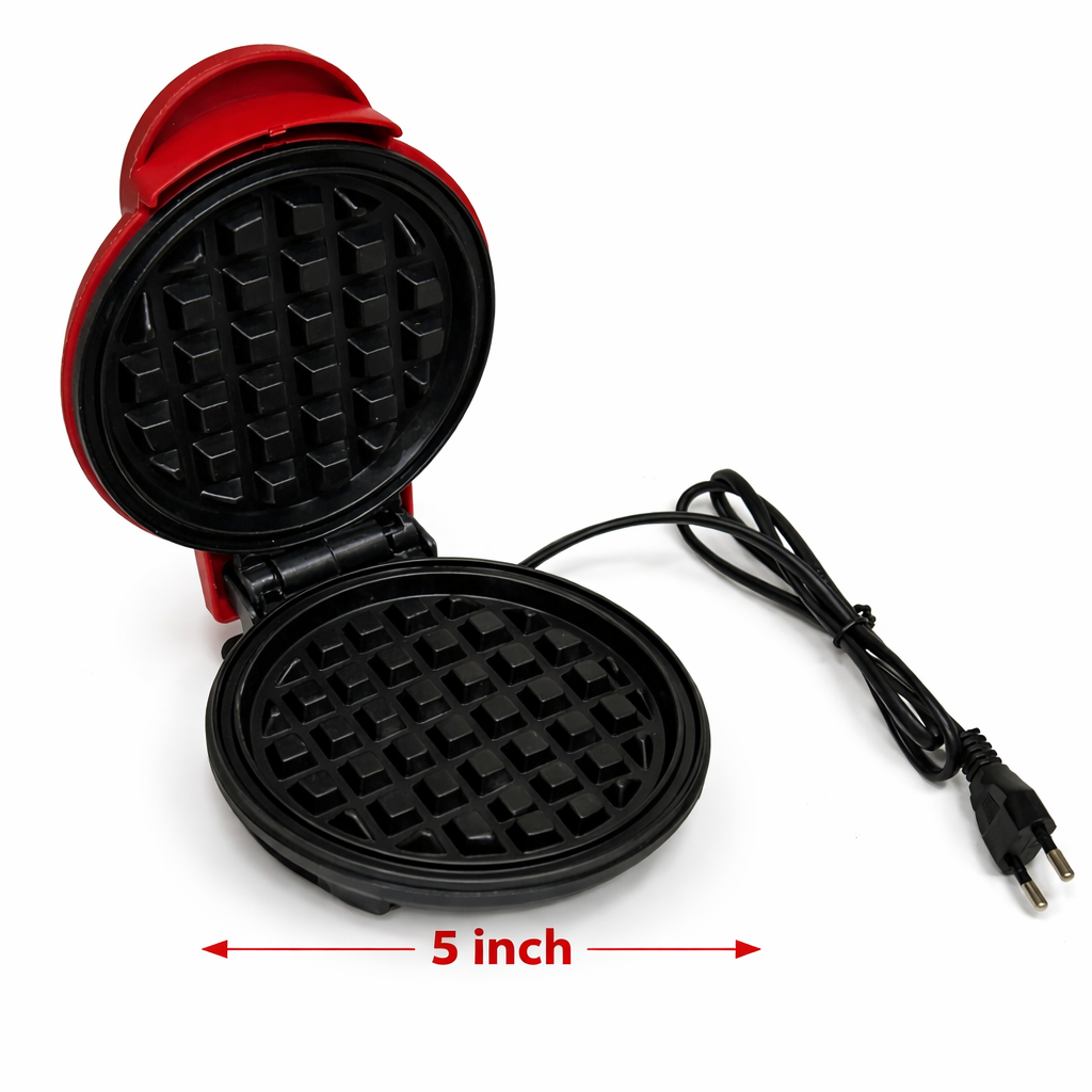 Red and black waffle maker with a 5-inch measurement label on a white background