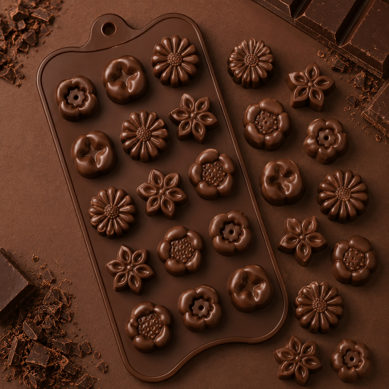 Chocolate mold with floral shapes filled with chocolate on a brown background
