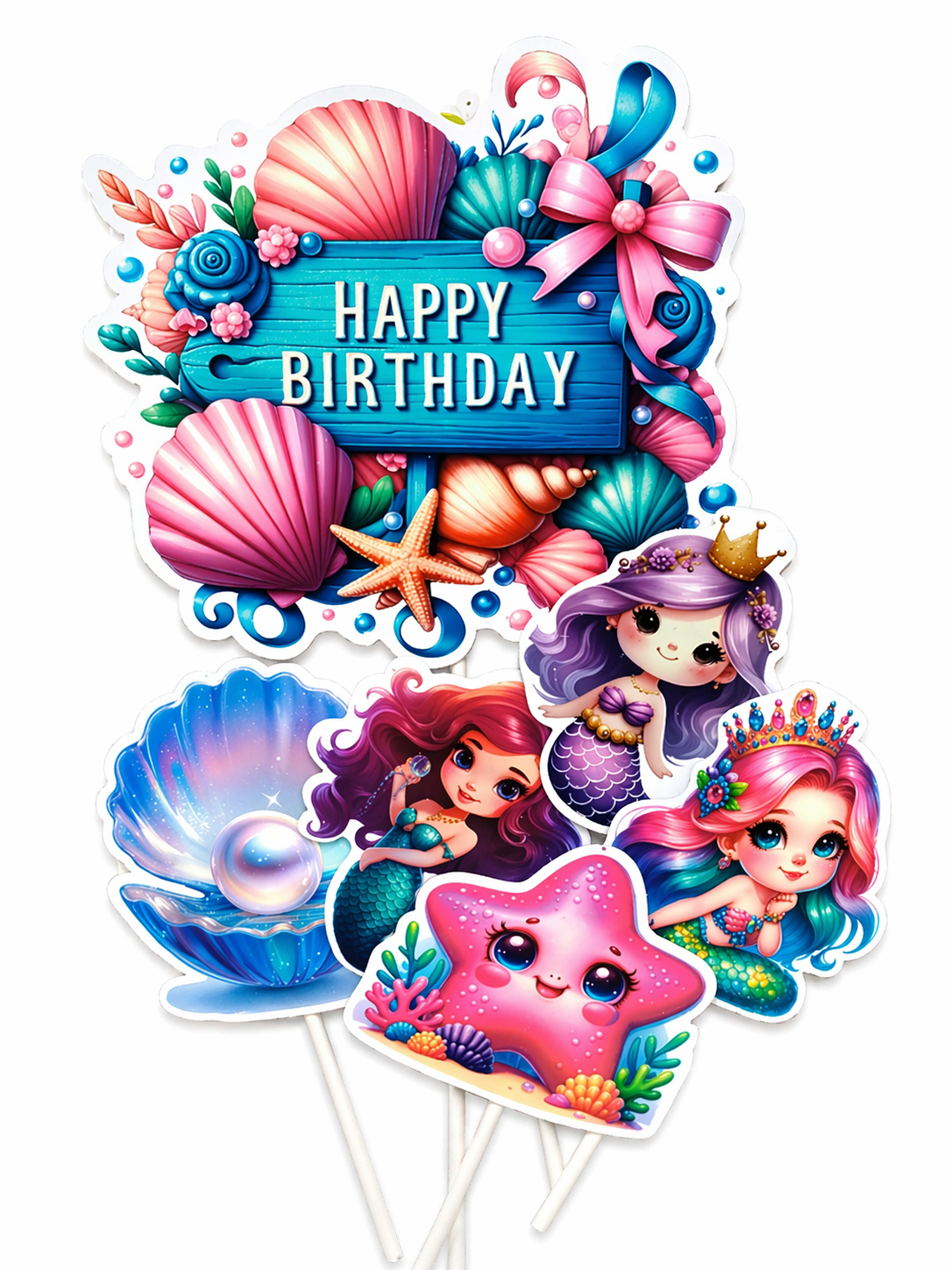 Colorful birthday cake topper with mermaids, shells, and a starfish on a white background