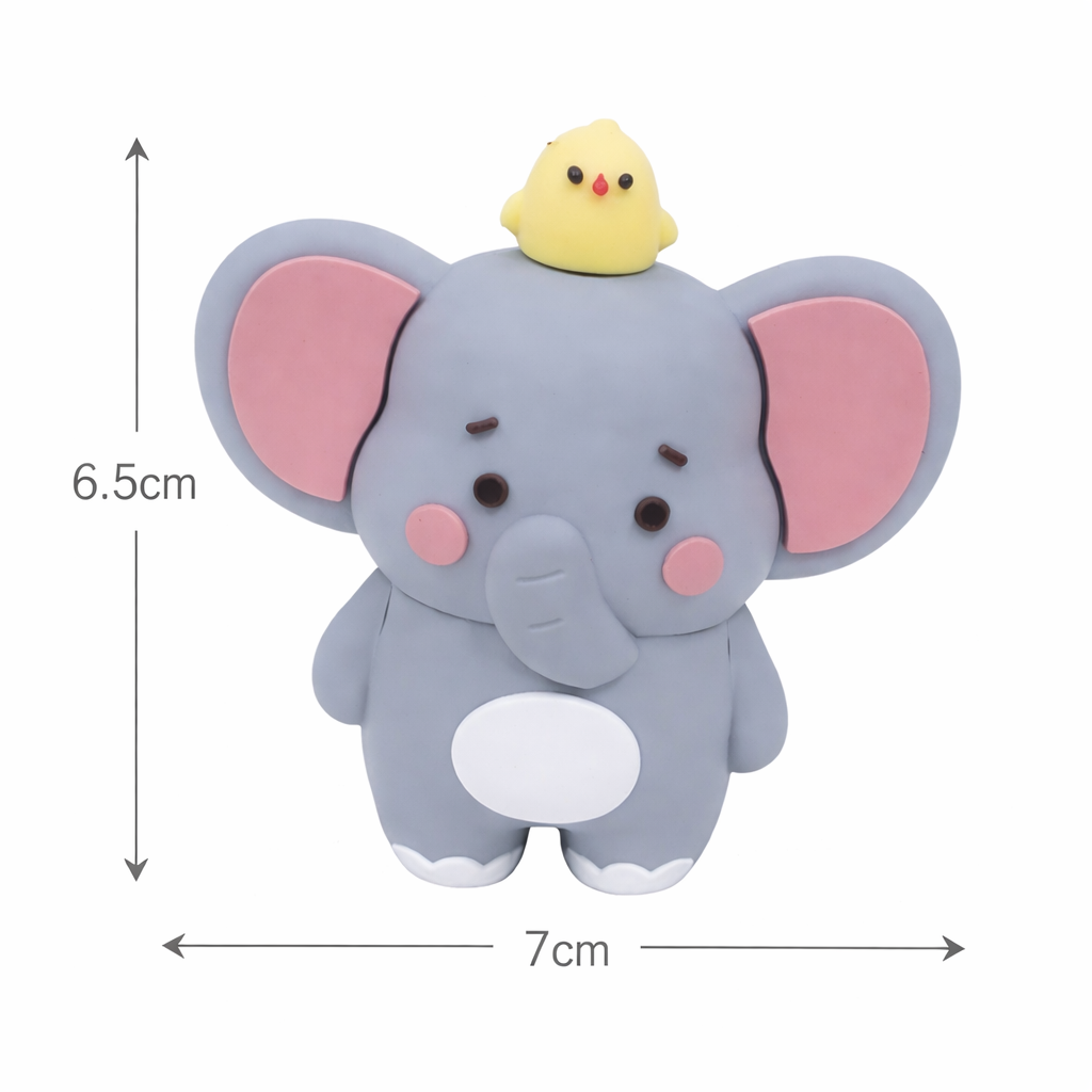 Cute Animal Cake Toy Topper Set – Elephant, showing dimensions on a white background