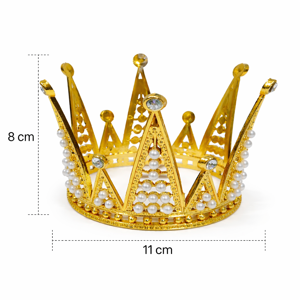 Golden Crown Cake Topper with Pearls & Stones – Decorative Birthday Crown and measurements on a white background