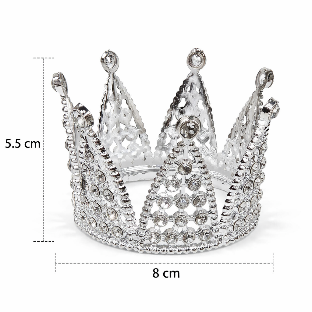 Silver Crown Cake Topper with Pearls & Stones – Decorative Birthday Crown and measurements on a white background