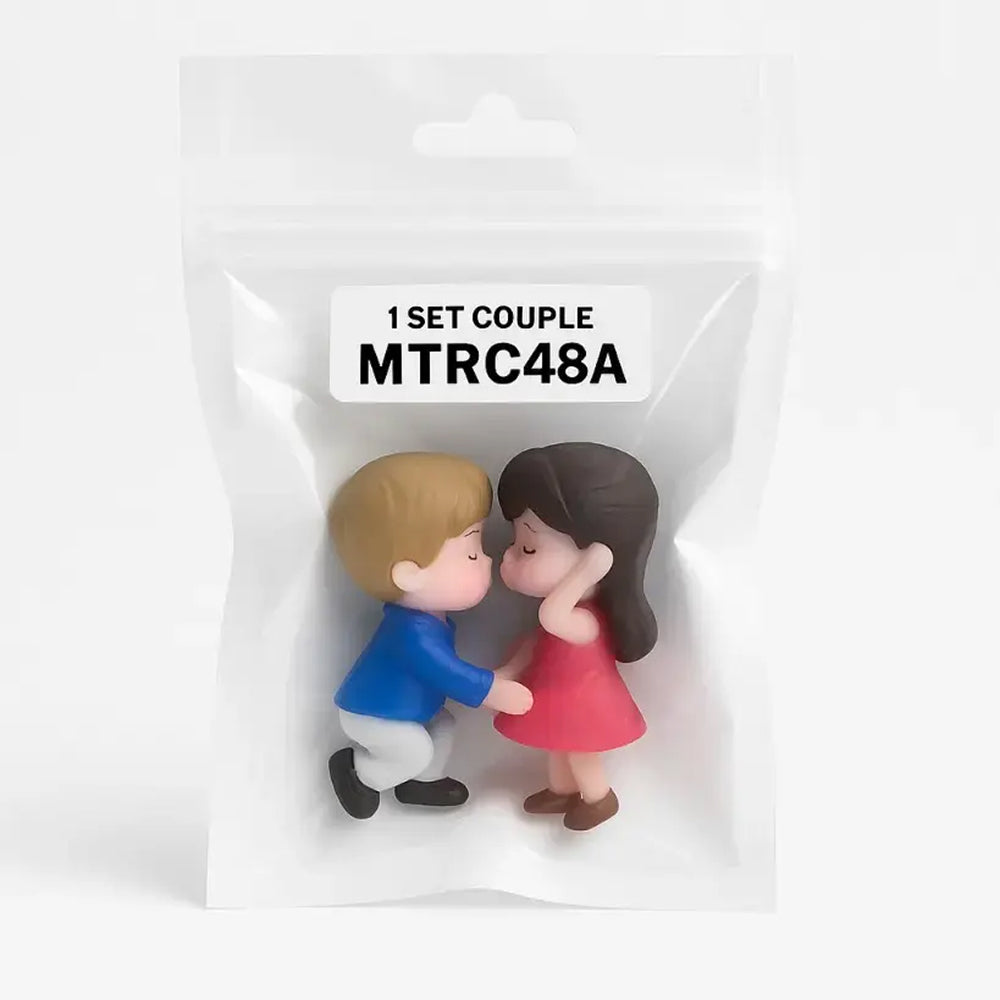 Boy and girl couple figurines in red dress and blue suit – packaged toy topper MTRC48A for romantic-themed cakes and gifting