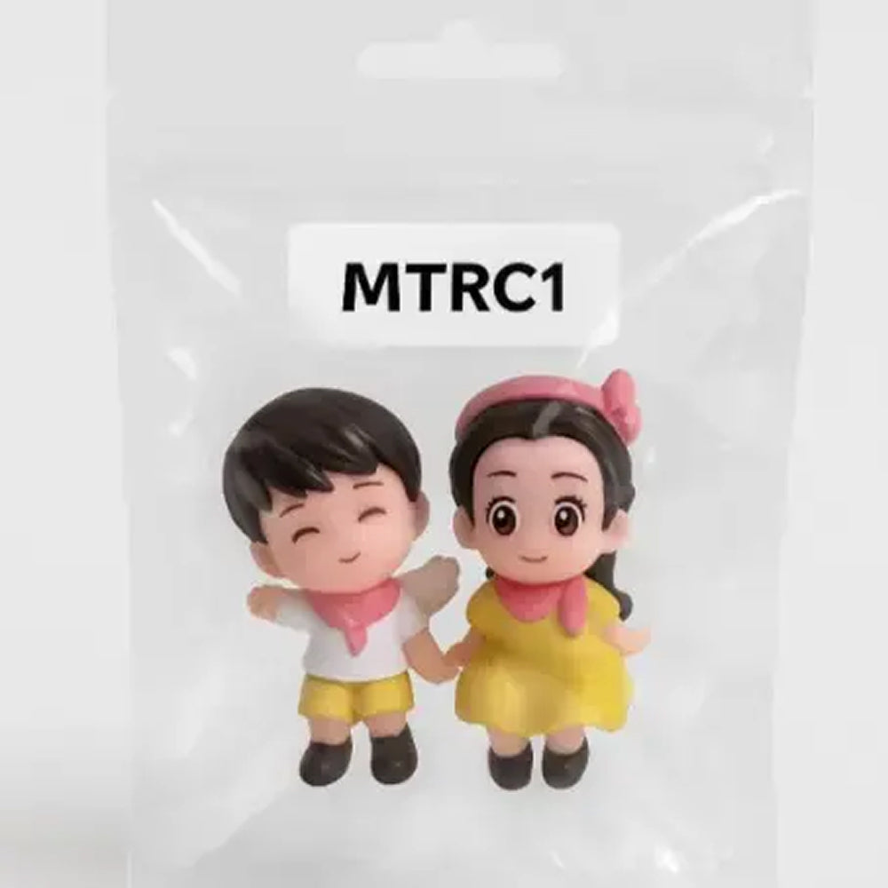 Cute couple miniature toys in yellow outfits with pink scarves inside transparent packaging – perfect for cake toppers or DIY decoration – MTRC1 set
