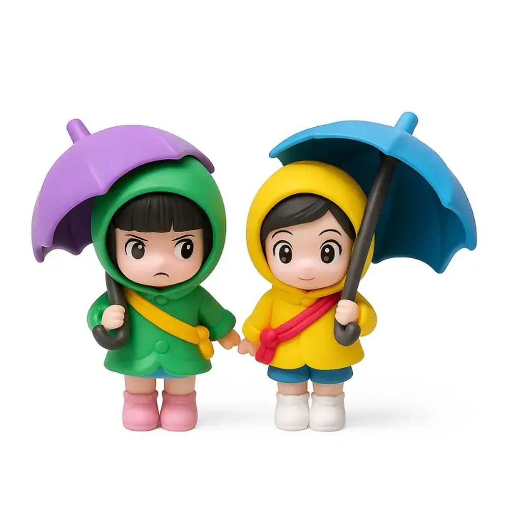 Cute boy and girl couple figurines in yellow and green raincoats holding purple and blue umbrellas – ideal for DIY cake decoration and themed party decor.