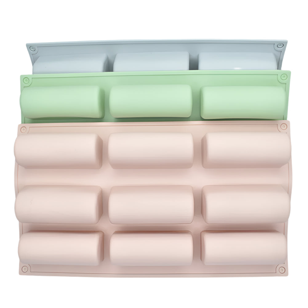 Pink, green, and gray Cylinder Shape 6 in 1 Chocolate Molds stacked on a white background for clear view