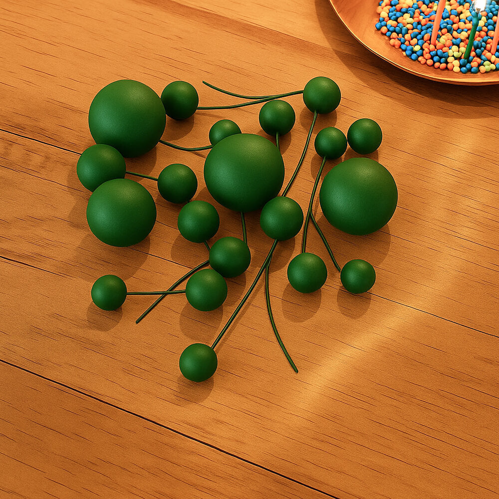 Decorative Dark Green faux balls displayed on a table with a bowl of colorful sprinkles in the corner, perfect for creative cake decorating.