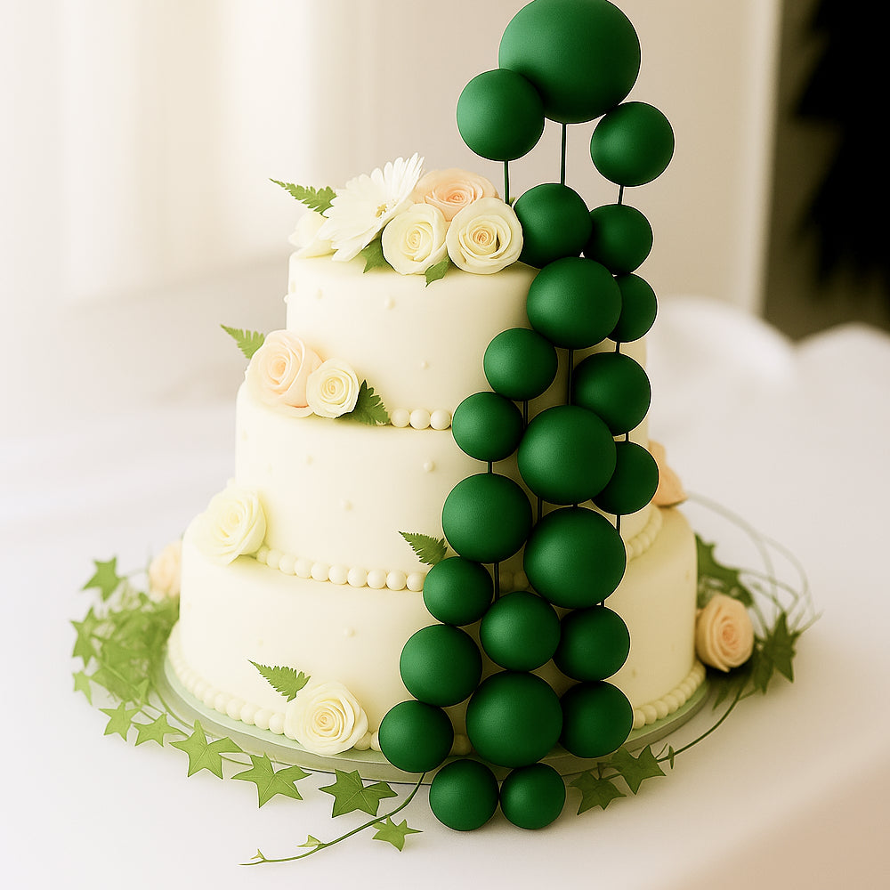 Dark Green Faux balls used as elegant cake toppers, adding a stylish touch to a finished cake for parties and celebrations.