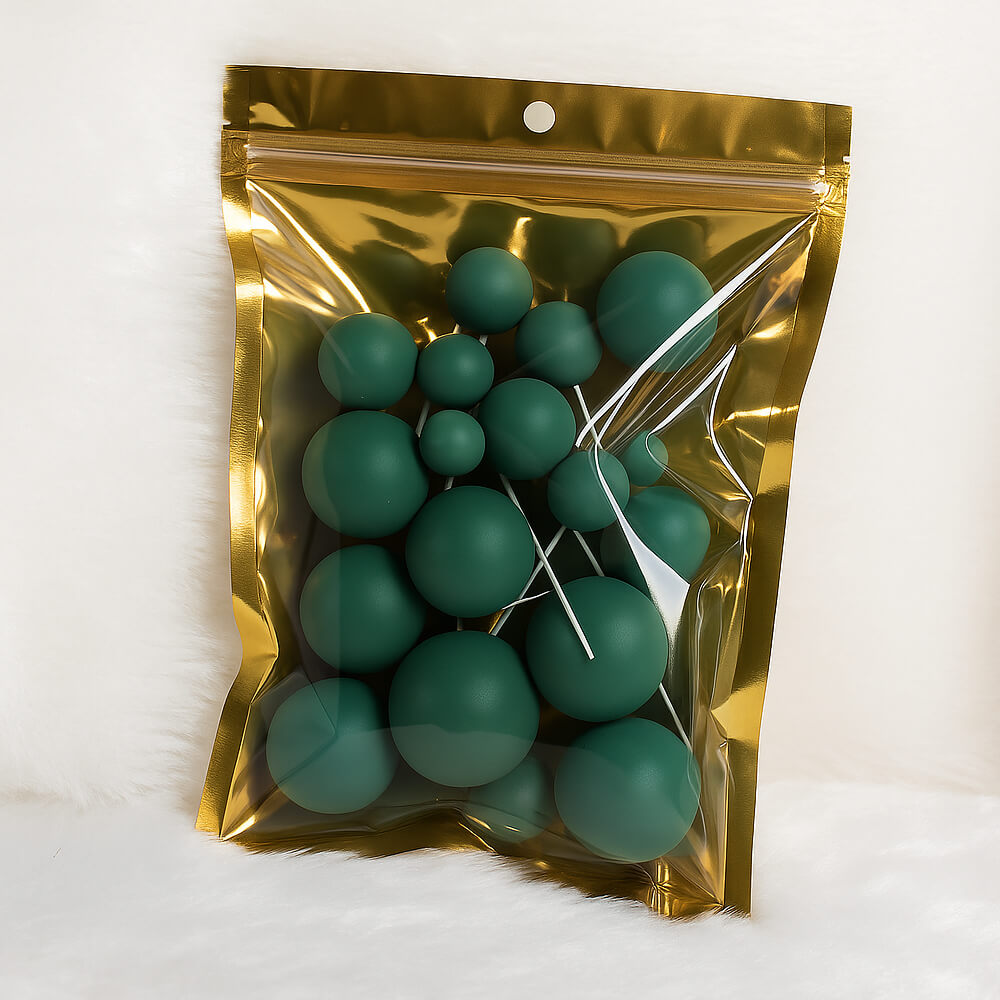 Dark Green matte faux balls in assorted sizes sealed inside a transparent zip-lock packet – ideal for modern cake decoration or DIY crafts
