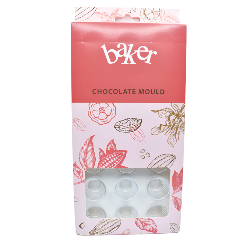Deep Muffin Cups Shaped Polycarbonate Chocolate Mold in its packaging displayed on a white background for a clear view.