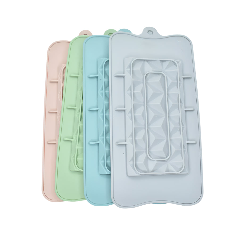 Diamond Cut Chocolate Molds in gray, blue, green, and pink on a white background for clear view