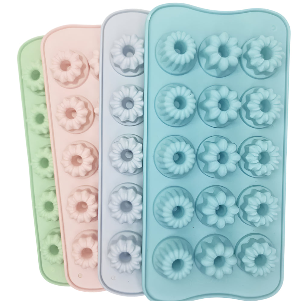 Different Flowers Chocolate Molds in blue, gray, pink, and green on a white background for clear view