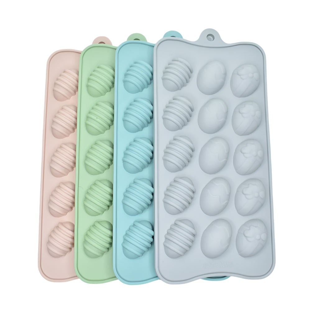 Eggs Shape Chocolate Molds in gray, blue, green, and pink on a white background for clear view