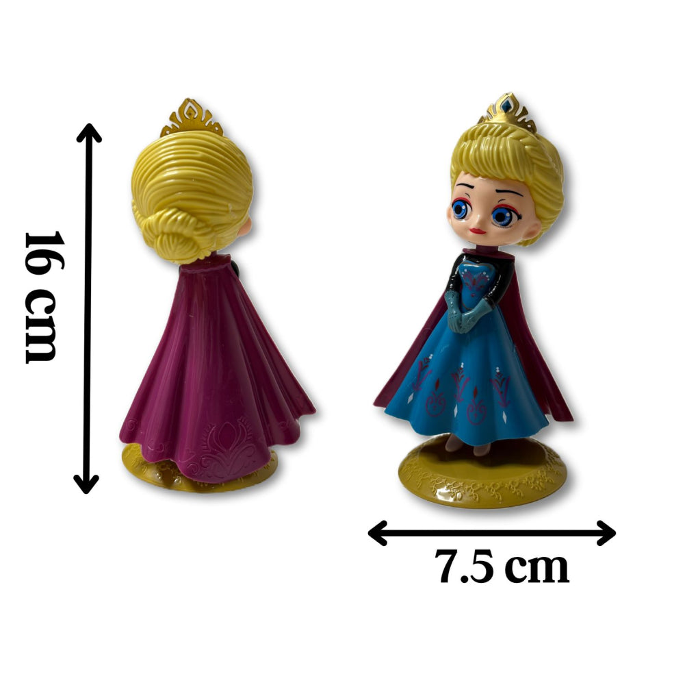 Elsa-Inspired Blue Gown Doll Cake Topper with size comparison on white background