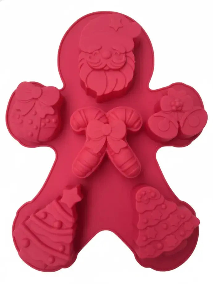 6-Cavity Gingerbread Man Shaped Christmas Mold – Santa, Gifts, Bells & Tree Elements | CM231