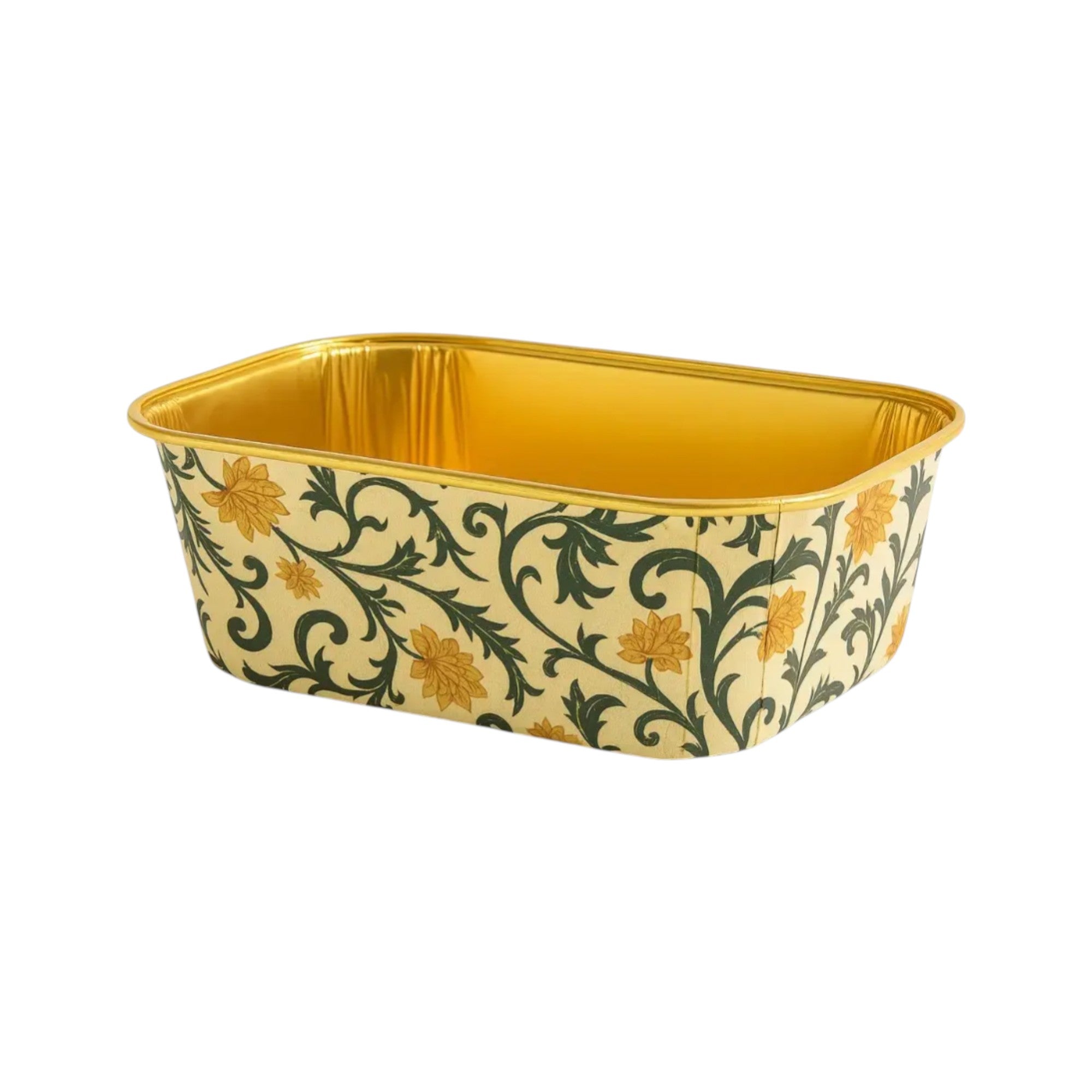 Reusable and decorative golden foil cake box with yellow flower pattern and transparent dome lid – ideal for professional cake packaging, festive dessert presentation, and bakery storage – CL017A rectangle tray