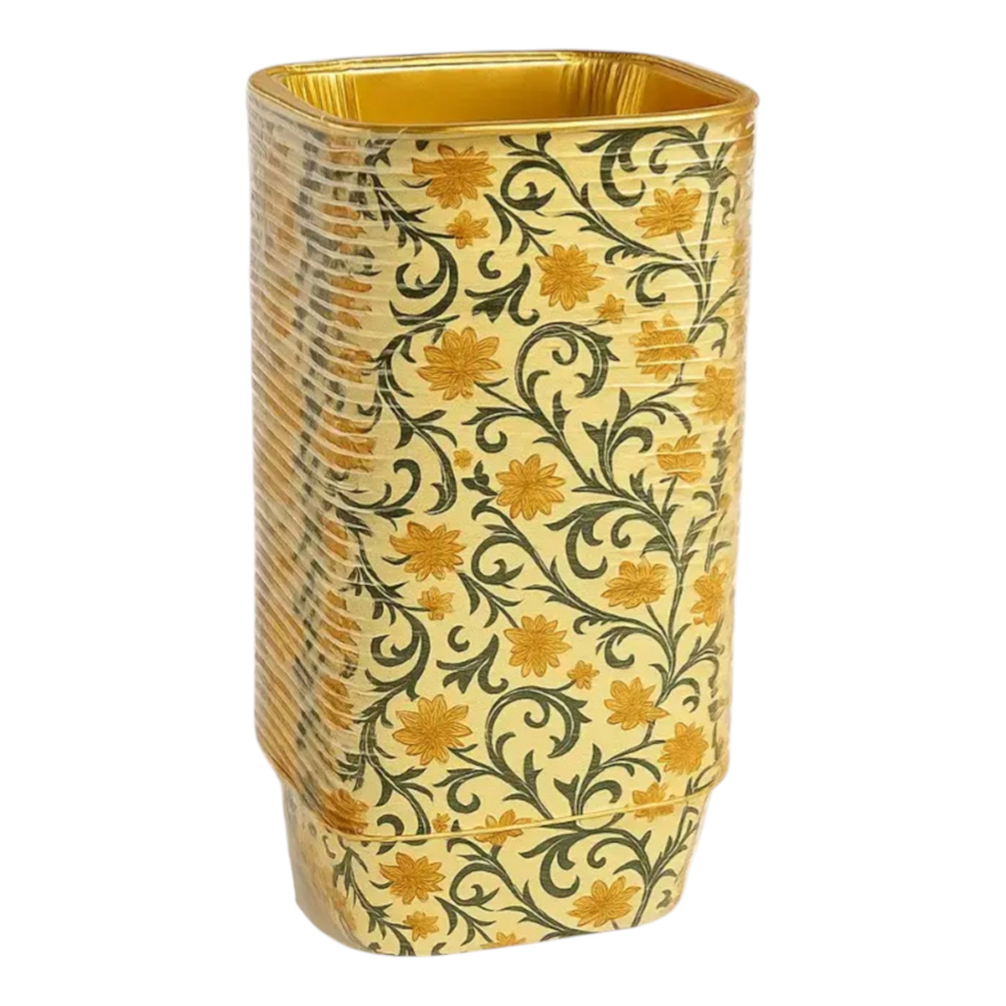 Bulk stack of premium golden foil rectangle trays with elegant yellow floral pattern and lids – ideal for birthday cakes, return gift packing, and custom bakery use – floral disposable cake container CL017A