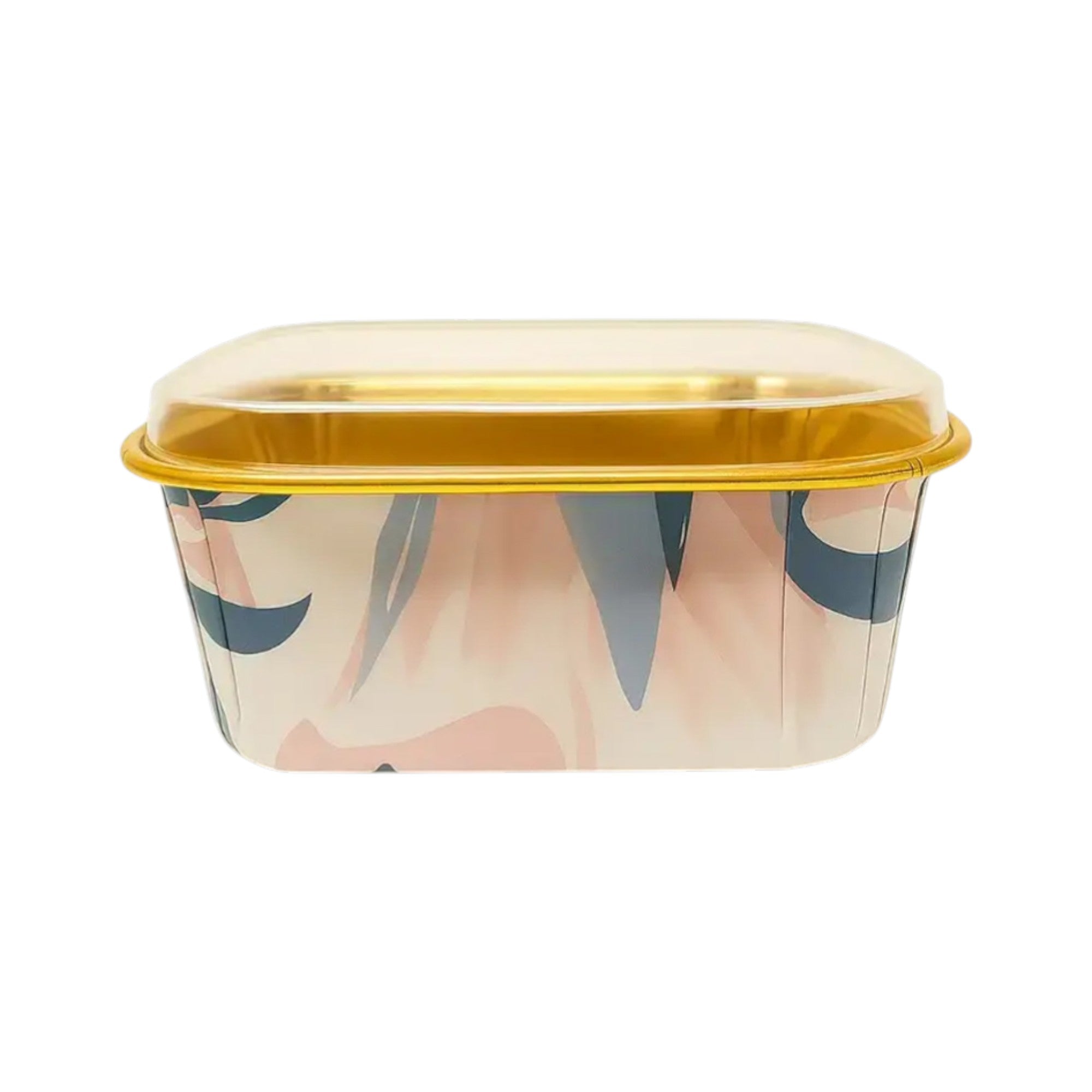 Premium quality rectangle-shaped golden foil cake container with airtight clear lid, featuring an elegant abstract floral print in peach, white, and blue tones – ideal for stylish dessert storage, party favors, and takeaway packaging 