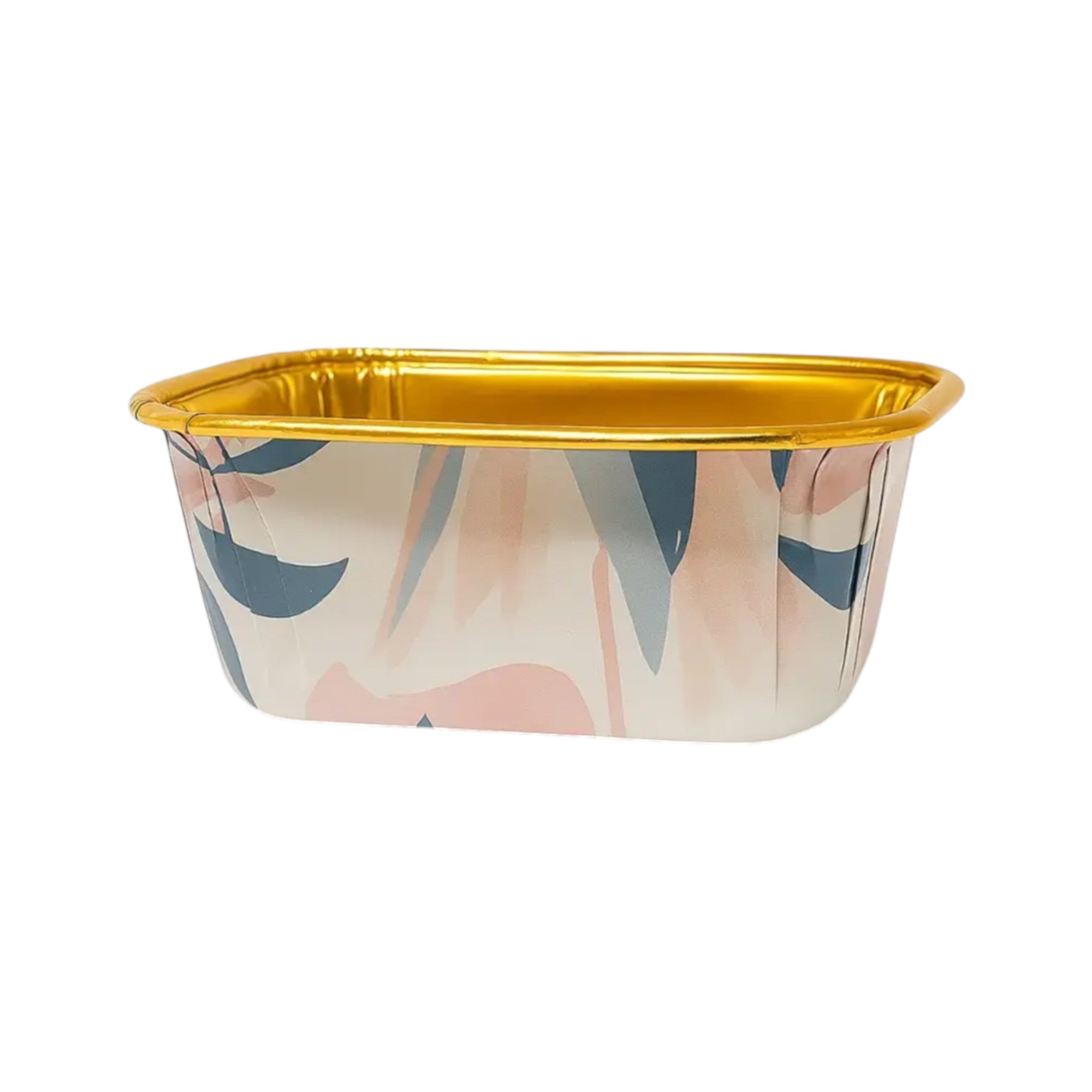 Open view of a disposable foil cake tray with luxurious gold interior and pastel peach abstract floral exterior design – perfect for baking, gifting, or serving cakes and snacks at weddings, birthdays, and festive occasions