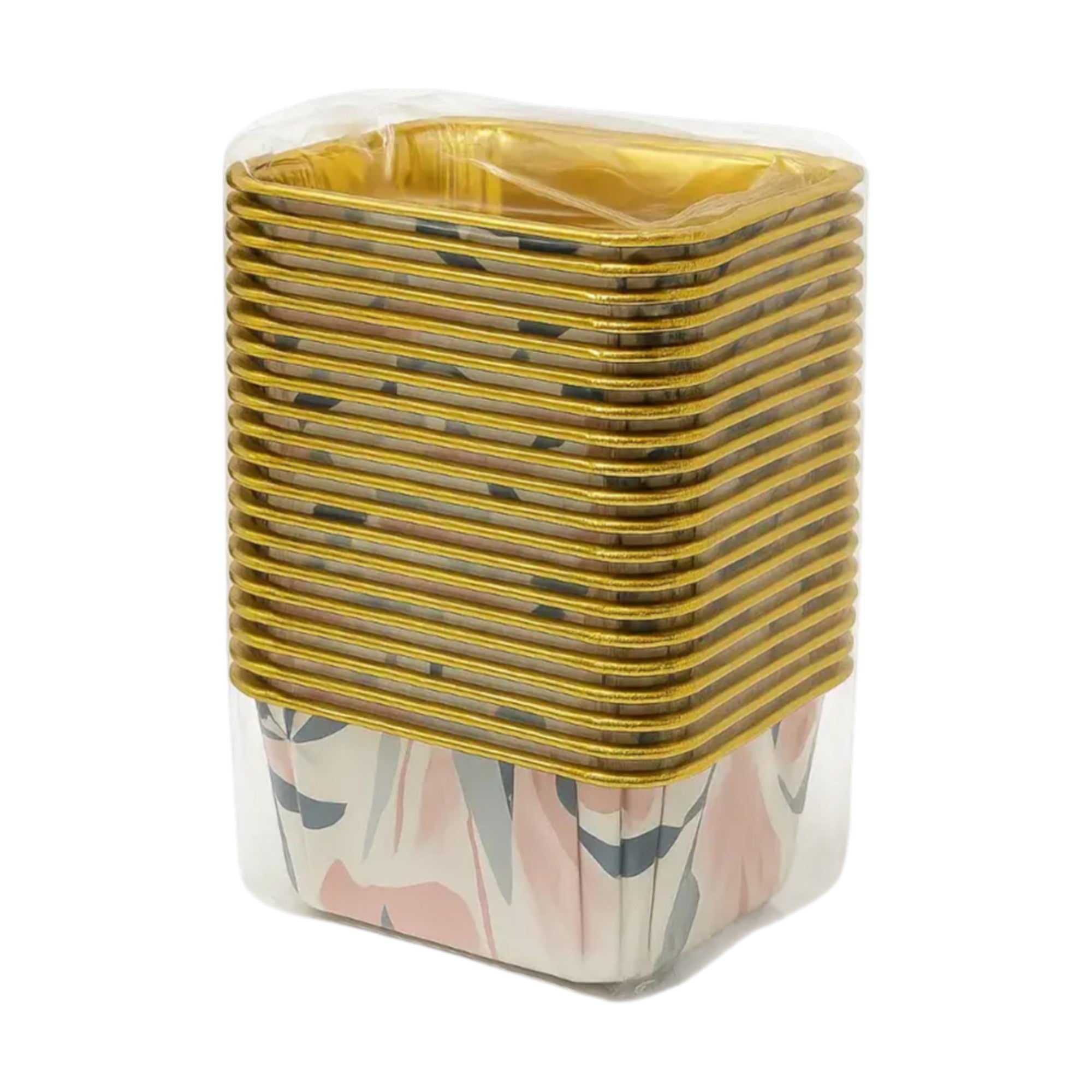 Bulk pack of decorative floral foil cake containers stacked vertically and shrink-wrapped for retail display – golden interior with soft peach and blue abstract flower design on the outside – ideal for bakeries, home bakers, and premium food packaging