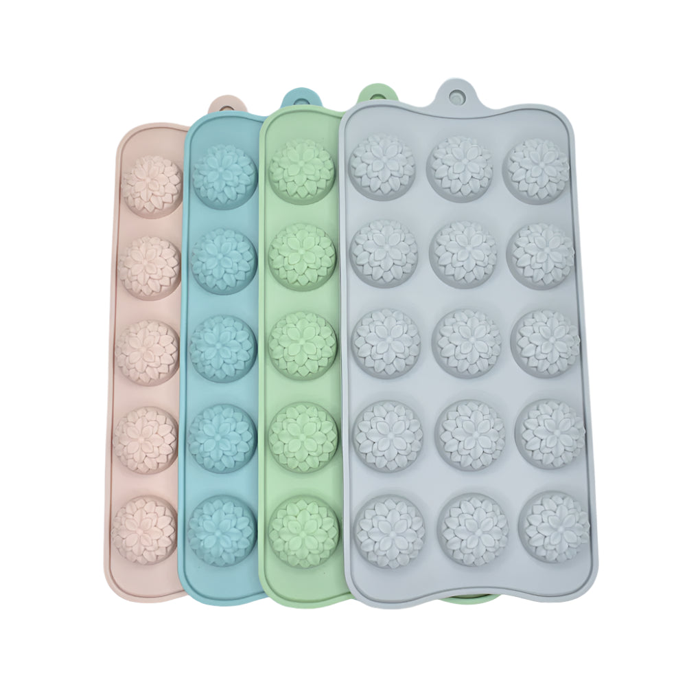 Flower & Petals Chocolate Molds in gray, green, blue, and pink on white background for clear view