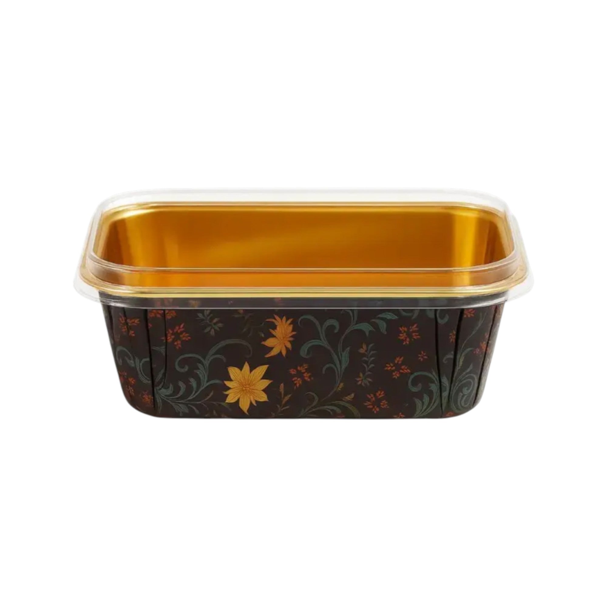 Rectangular black floral foil cake container with transparent lid and gold interior, featuring elegant botanical print – perfect for dessert packaging, takeaway cakes, gifting, and premium bakery presentation