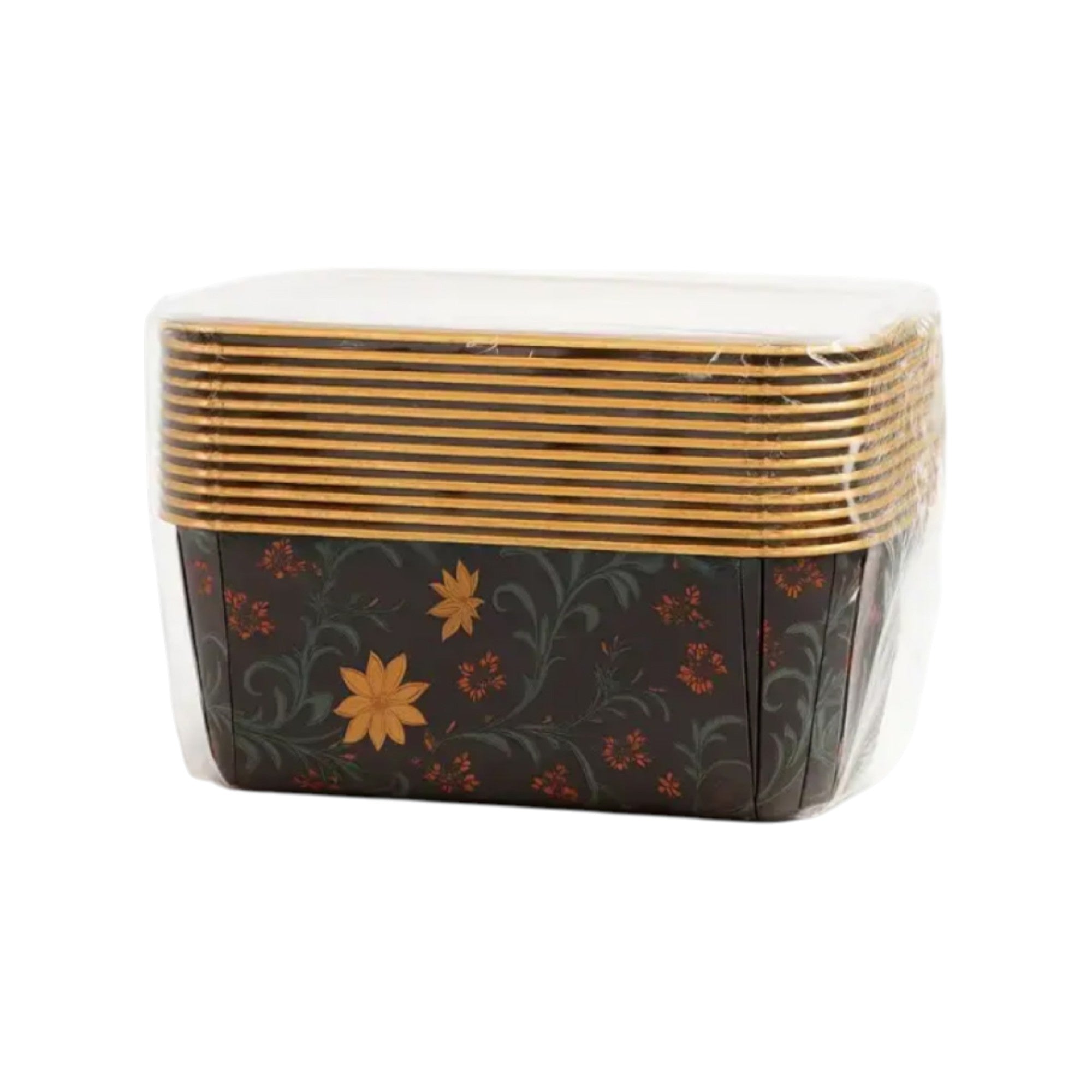 Bulk pack of 10 rectangular foil cake containers with black floral design and clear lids, stacked neatly and shrink-wrapped – ideal for commercial bakery use, dessert packaging, or home baking supplies with a luxury touch