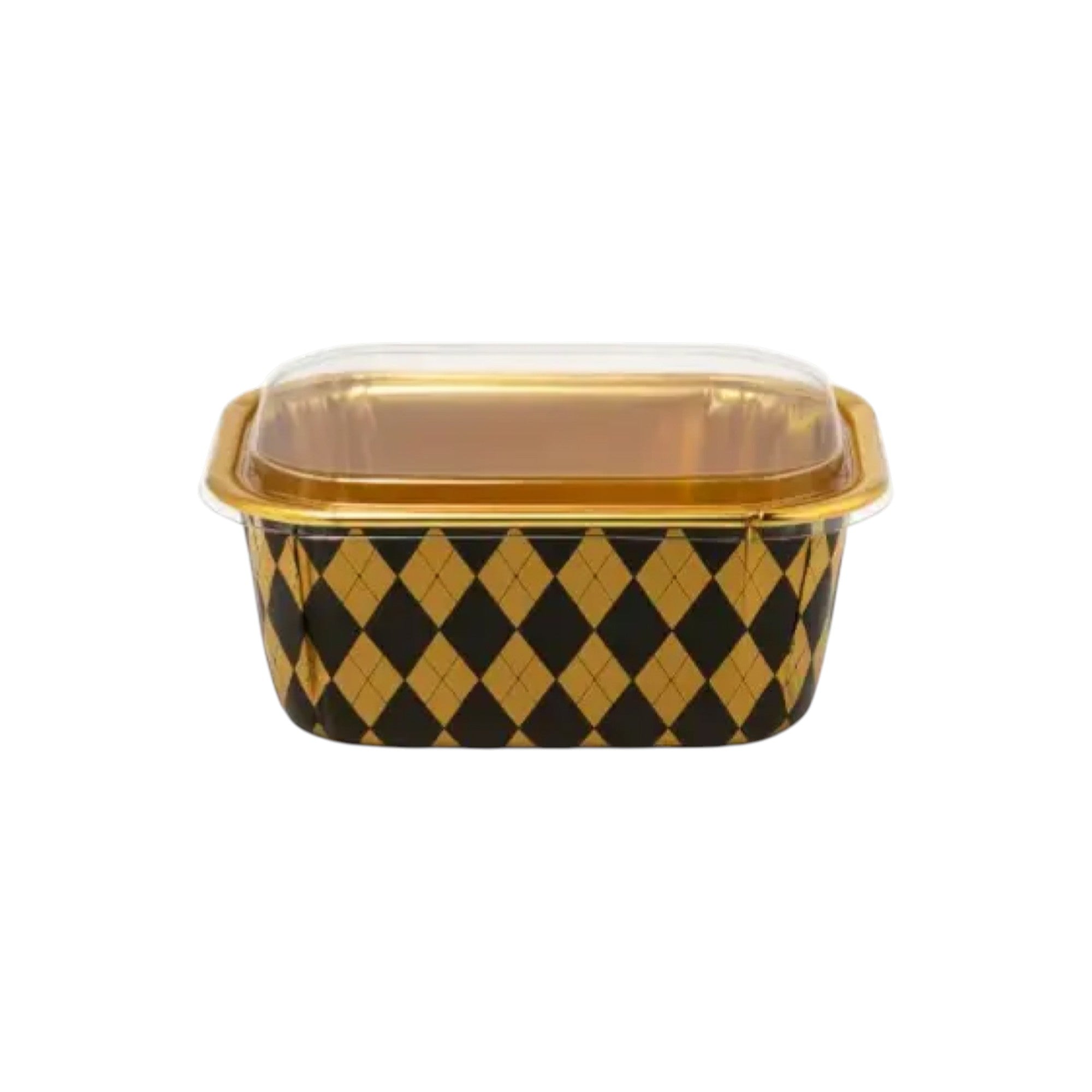 Black and gold foil cake container with clear plastic lid – rectangle tray with diamond pattern, ideal for stylish dessert packaging