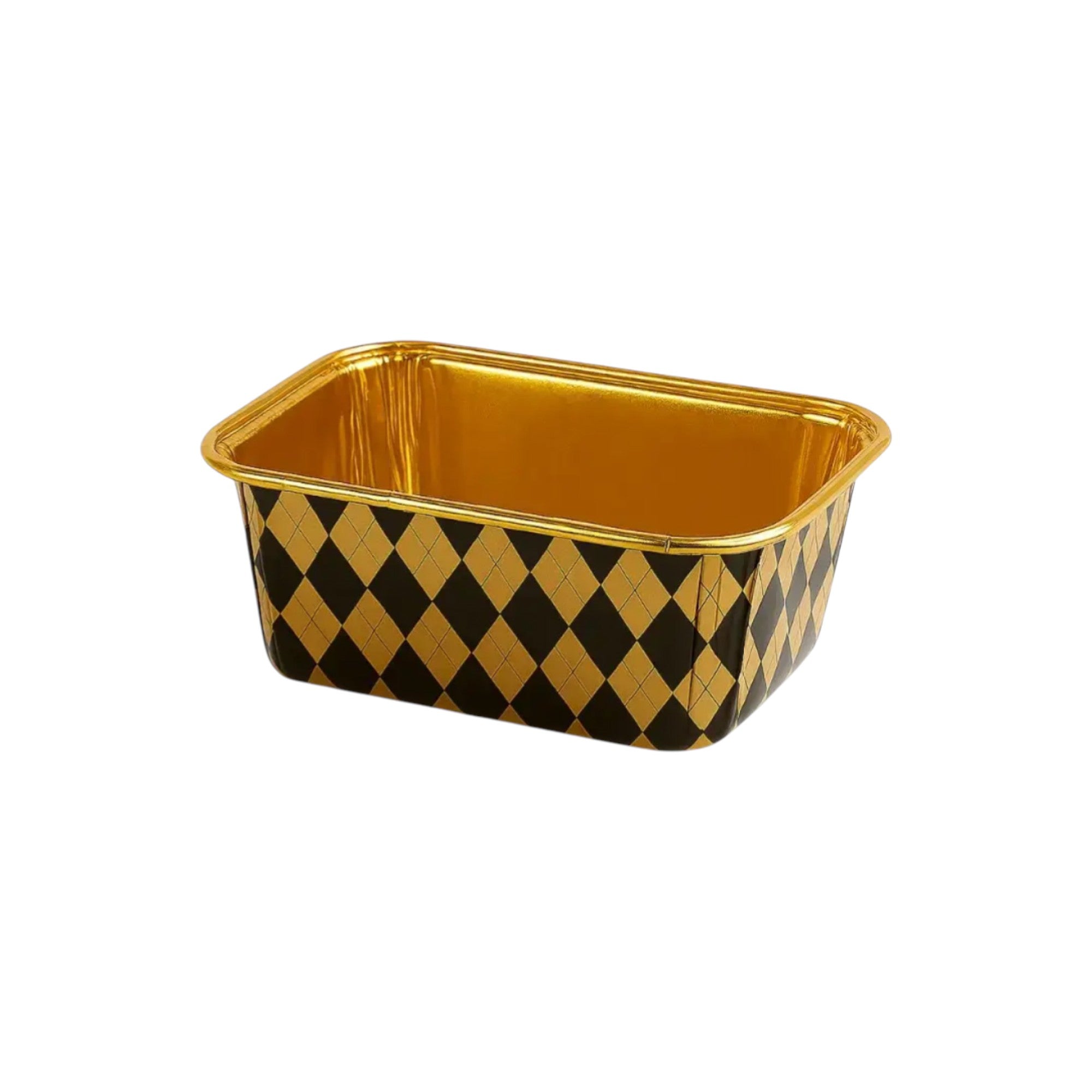 Rectangular foil cake tray featuring black and gold harlequin diamond design with shiny golden interior – elegant disposable baking container