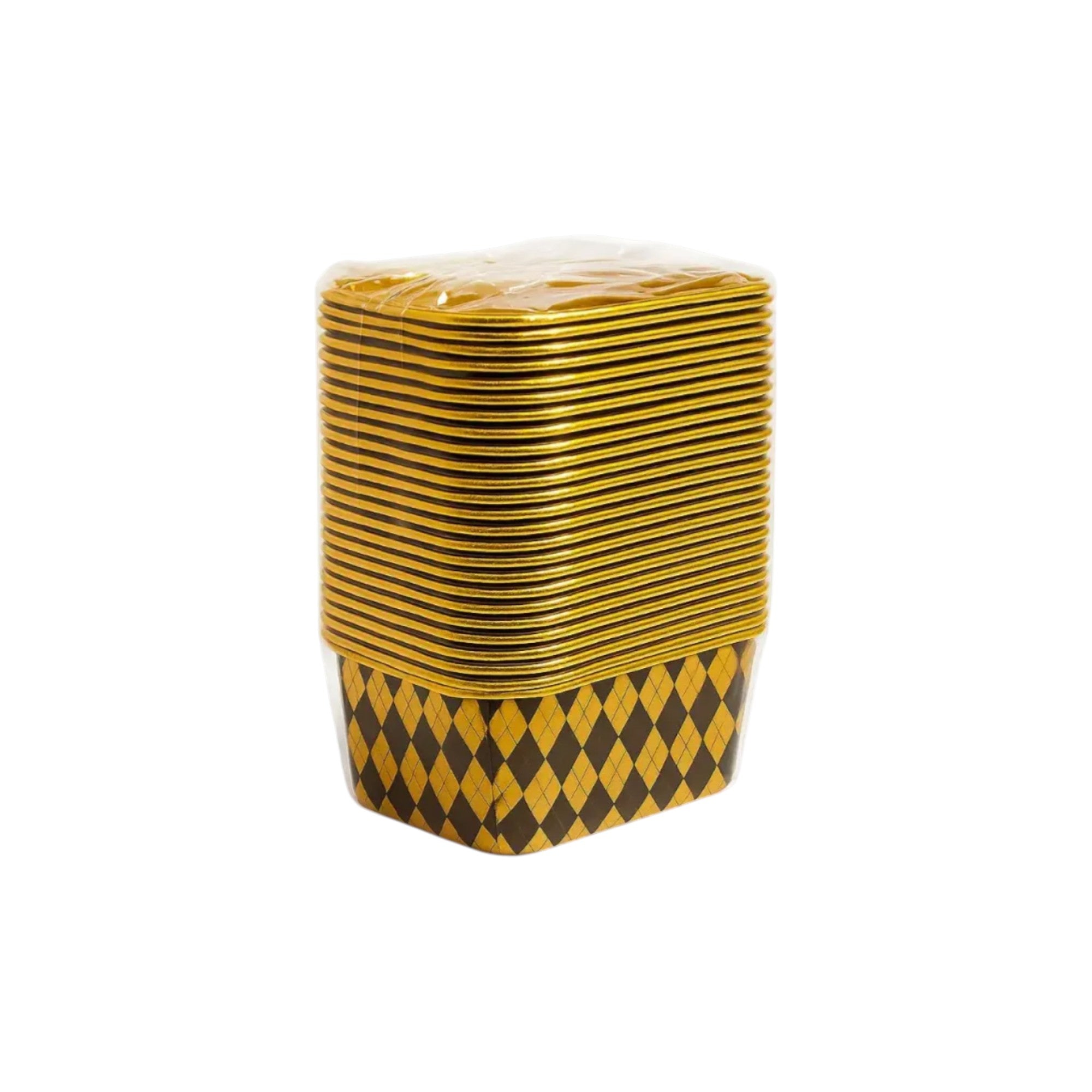 Stack of 10 black and gold foil rectangle cake containers with matching lids – premium takeaway dessert trays with diamond pattern