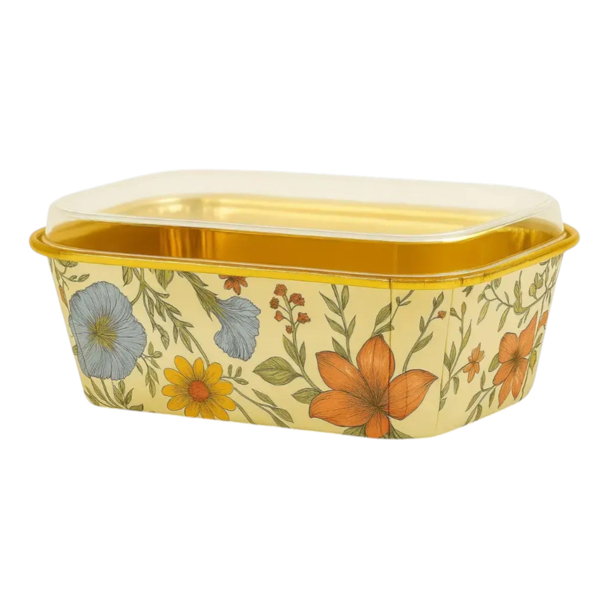 Rectangular foil cake container with transparent lid featuring pastel garden floral print and golden rim – ideal for packaging cakes, brownies, desserts, and baked treats for birthdays, gifting, or bakery takeaways